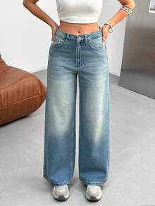 EURMUSE Dżinsy z wysokim stanem i szerokimi nogawkami w swobodnym stylu - Średni jeans - Zobacz 6