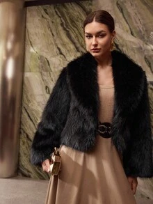 MOTF PREMIUM 秋冬款瀑布长袖仿皮草大衣 - 黑色 - 查看 5