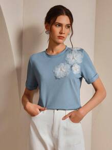 Anewsta 优雅淑女白色花卉 3D 弹力 T 恤，女款，春夏