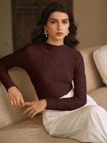 Anewsta Camiseta plisada casual y elegante de cuello redondo para mujer, color marrón - Óxido marrón - Ver 4