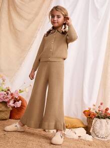Blossori Young Girls' French Elegant Large Lapel Front Button Knitted Cardigan/Knitted Pants Set Girls Brown Knit Outfit Little Girl Brown Pant Set Toddler Girl Brown Sweater Set Girls Knit Set,In Fall/Winter - Khaki - View 4
