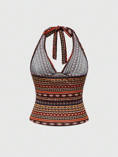 Hippie Camiseta de tirantes con cuello halter y diseño fruncido con patrón geométrico para mujer de talla grande