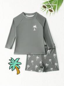 SHEIN 男童椰子树印花时尚可爱泳衣套装男童套装两件套男童3-7岁沙滩青少年男童沙滩服 - 軍綠色 - 查看 6