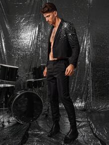 FeverCity Men's High-End Rhinestone Embellished Black Suit Set, 2 Pieces, Suitable For Spring & Autumn - Black - View 7