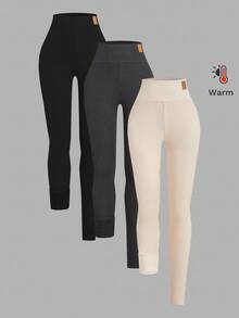 SHEIN EZwear 加大码纯色贴花高腰紧身羊毛打底裤，秋冬时尚 - 彩色 - 查看 7