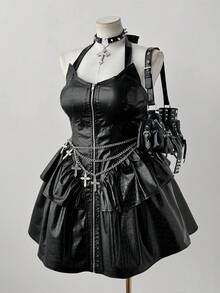 Sunspun Halloween Plus Size Dark Punk Cinched Waist Halter Crocodile Skin Print Dress - Black - View 6