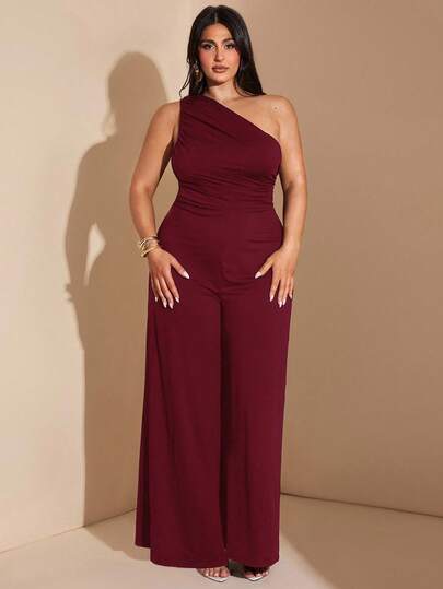 SHEIN BAE 大码女式夏季海滩度假优雅纯黑色不对称领露肩单肩连体裤，适合日常约会、夜间外出、夜总会、派对、聚会、鸡尾酒会、泳池派对、办公室穿着、通勤连体裤、假日连体裤