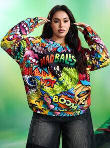 MADBALLS X SHEIN Plus Size Casual Daily Letter & Cartoon Graphic Dropped Shoulder Sweatshirt Graphic Sweatshirts Plus Size Sweatshirts Y2k Plus Size Clothes Graphic Sweatshirts Women Madballs Sweatshirt Going Out Tops Women Halloween Costumes Women Winter Fall Autumn - Multicolor - View 4