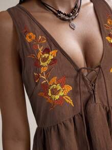 Easelle 2025夏季游牧刺绣连衣裙飘逸裙 - 棕色 - 查看 4