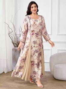 Al Najma Plus Size Women Floral Print Round Neck Elegant Long Sleeve Arabic Dress - Apricot - View 6