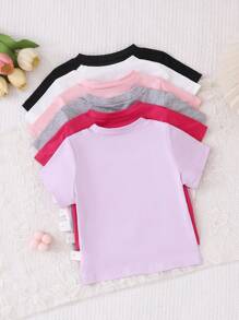SHEIN Playful Pals 6件套婴幼儿女童百搭纯色宽松舒适柔软针织面料圆领短袖T恤上衣，性价比高，有黑色、粉色、白色、杏色、灰色、紫色可选，适合春夏休闲装 - 彩色 - 查看 2