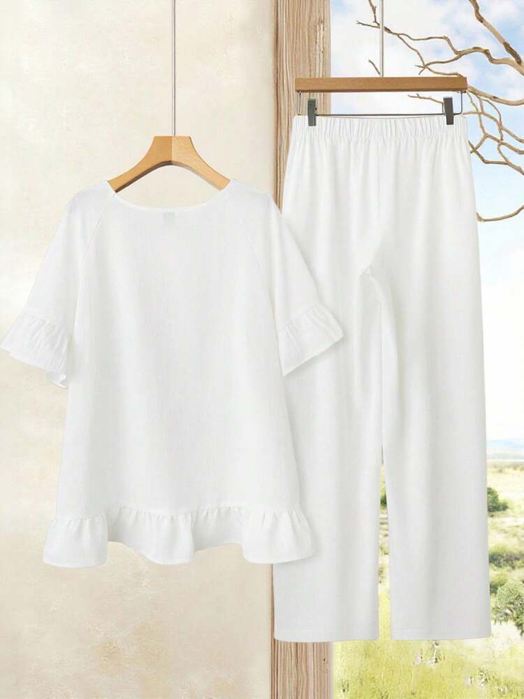 Plus Size 2 Pieces Set Solid Color Top And Pants, Minimalist Fashion Casual Everyday Wear,Spring/Summer/Vacation