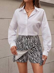 SHEIN Tall Size Women Multicolor Solid Commuter Zebra Print Split Skirt Casual Shorts - Multicolor - View 5