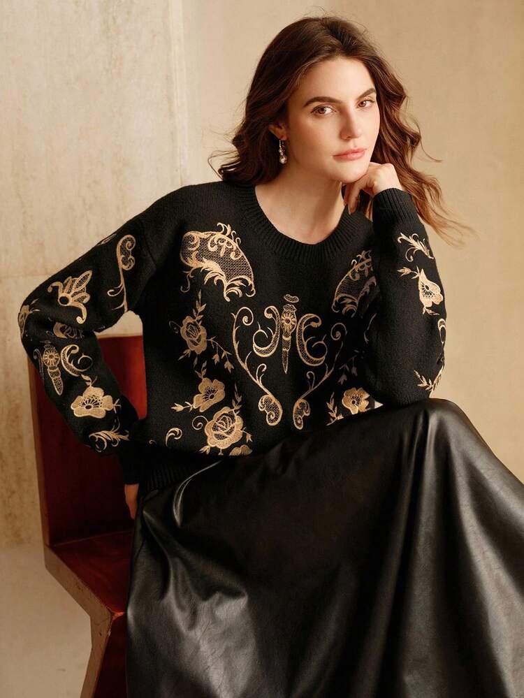 Vintage Renaissance Style Oversized Pullover Sweater With Intricate Golden Embroidery, Suitable For Fall, Winter, New Year, Party, Wedding, Elegant, Chic, Stylish, Business Casual For Women