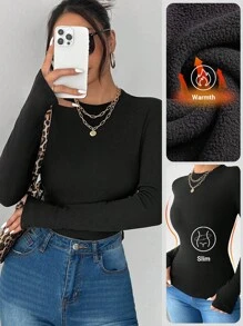 SHEIN PETITE Half Turtleneck, Small Turtleneck, High Elastic Knitted Thermal Lined Composite Velvet Long-Sleeved Women's T-Shirt, Suitable For Keeping Warm In Autumn And Winter.