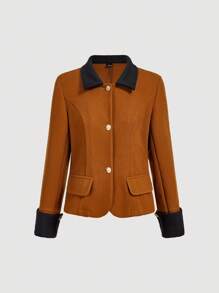 SHEIN MOD Vintage Elegant Contrast Color Lapel Blazer, Brown Blazer In Fall/Winter - Brown - View 4