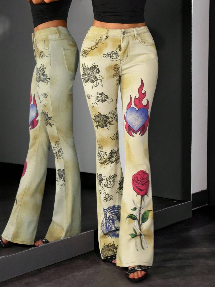 Jeanoix Jeans de campana con estampado de flores, llamas y corazones en degradado, moda versátil y personalizada para mujer