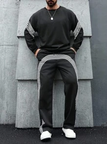 Manfinity LEGND 男士黑色条纹图案美式时尚圆领卫衣和运动裤套装，休闲街头风日常通勤运动服套装，男士两件套运动裤，男士慢跑服，男士两件套运动裤，男士街头风套装，秋季服装 - 黑色 - 查看 5