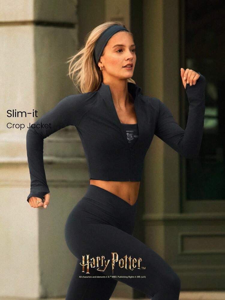 X Harry Potter FeatherFit™ Maglia in tessuto traspirante, morbida e elastica, con zip frontale, grafica, corta, manica lunga, per yoga, pilates, barre, uso quotidiano e casual