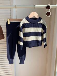 SHEIN 2pcs Baby Boy/Girl Navy And White Striped Sweater And Pants Set,Vintage British Style Raglan Outfit For Matching Family,Modest Casual Autumn Clothes - Multicolor - View 6