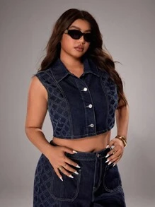 SHEIN ICON Plus Size Women's Fashion Casual Sleeveless Patchwork Jacket - Dark Wash - View 4