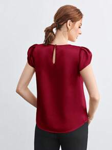 BizChic Women's Solid Color Round Neck Pleated Decor Batwing Sleeve Loose Casual Blouse, Basic Urban Commute Style, Elegant And Fashionable Business Casual Outfit For Ladies, Teachers, Office Wear