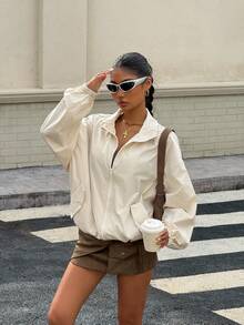 Muchica Women's Autumn New Solid Color Loose Zippered Shoulder Jacket, Suitable For Daily Street Wear - Beige - View 3