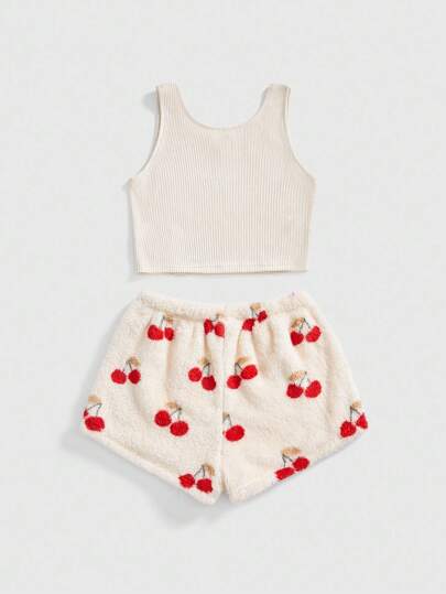 Kawaii Ensemble pyjama casual pour femmes avec débardeur côtelé en peluche avec décor de cerise et short