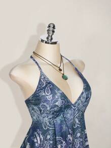 SHEIN ICON Blusa hippie de estilo boho para mujer de talla grande, de verano y primavera, con escote halter, cuello en V, estampado retro y espalda descubierta, para salir y vacaciones - Agua verde azul - Ver 4