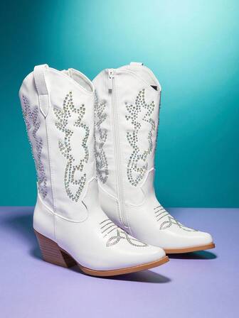 Mini mi Kids' 1.5inch Block Heel Classic Embellishments Vegan Leather White Western Pointed-Toe Boots–Stylish,Comfortable Fit | Rodeo-Inspired Look For Little Girls