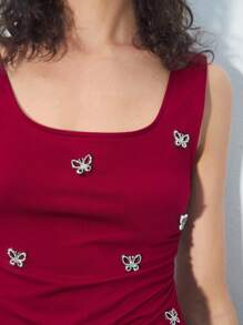 Maija Camiseta sin tirantes casual con decoración de mariposa, para uso diario, Día de San Valentín, Festival - Burdeos - Ver 7