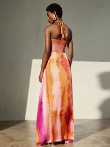 Aveloria Modichic Vestido de vacaciones sin mangas con cuello de halter y anudado en estampado de teñido anudado de gasa - Multicolor - Ver 2