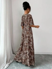 Elenzga Damen Retro Quadratischer Ausschnitt Braun Leopard & Palast Blumen Digital Muster Laternenbärmel Elegantes tailliertes loses A-Linien Lässig Langes Kleid, geeignet für Urlaub, Party, Sommer/Herbst