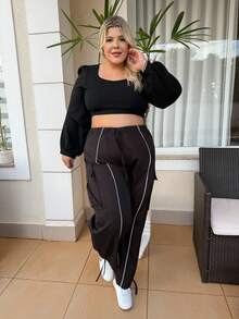 magalhaesca Plus Size Women Elastic Waist Drawstring Cargo Pants With Hem Embellishment - Black - View 1
