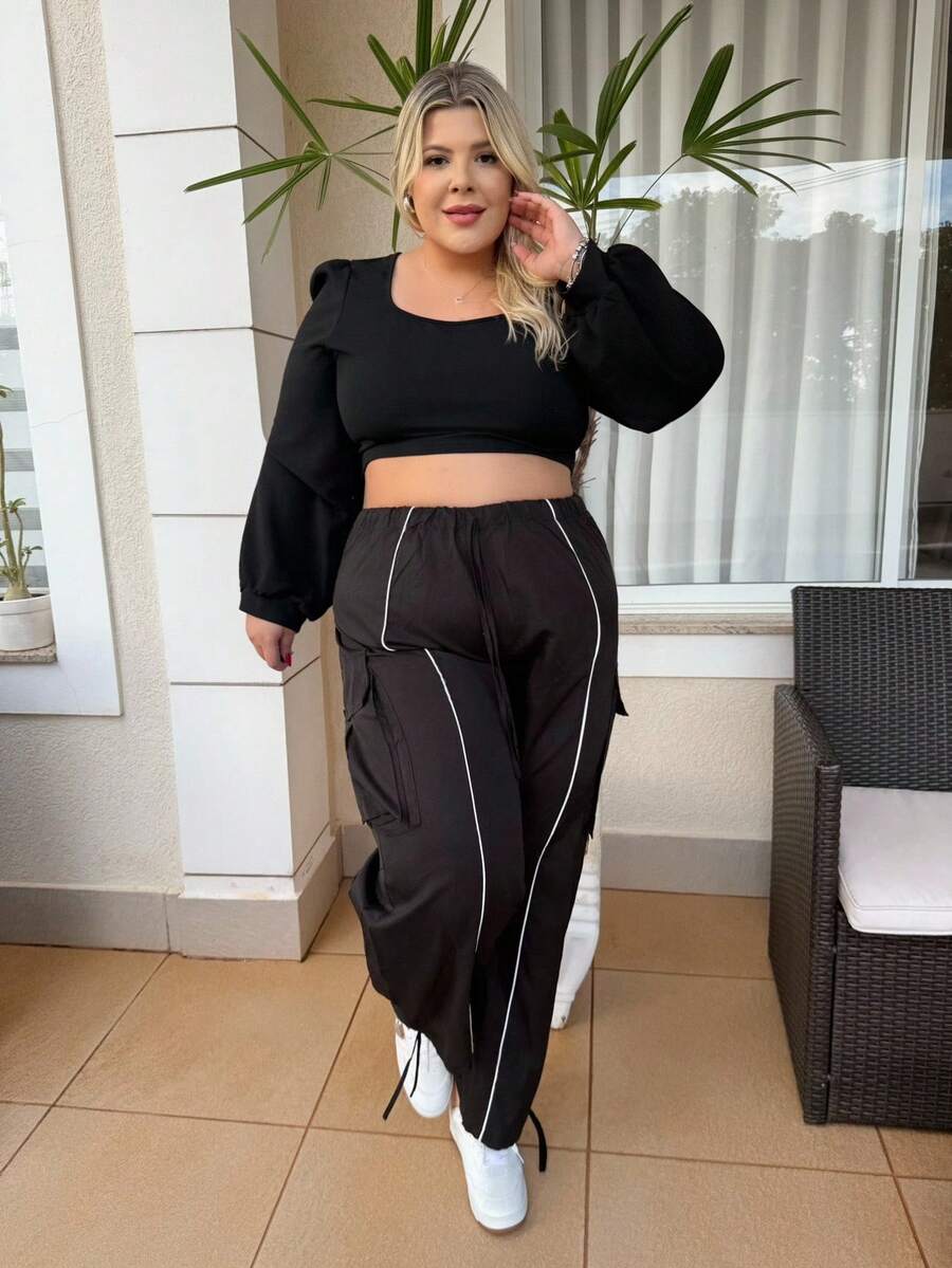 magalhaesca Plus Size Women Elastic Waist Drawstring Cargo Pants With Hem Embellishment - Black - View 1
