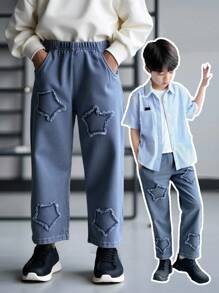 Young Boy Star Washed Denim Long Pants, Casual And Everyday Wear - Blue - View 1