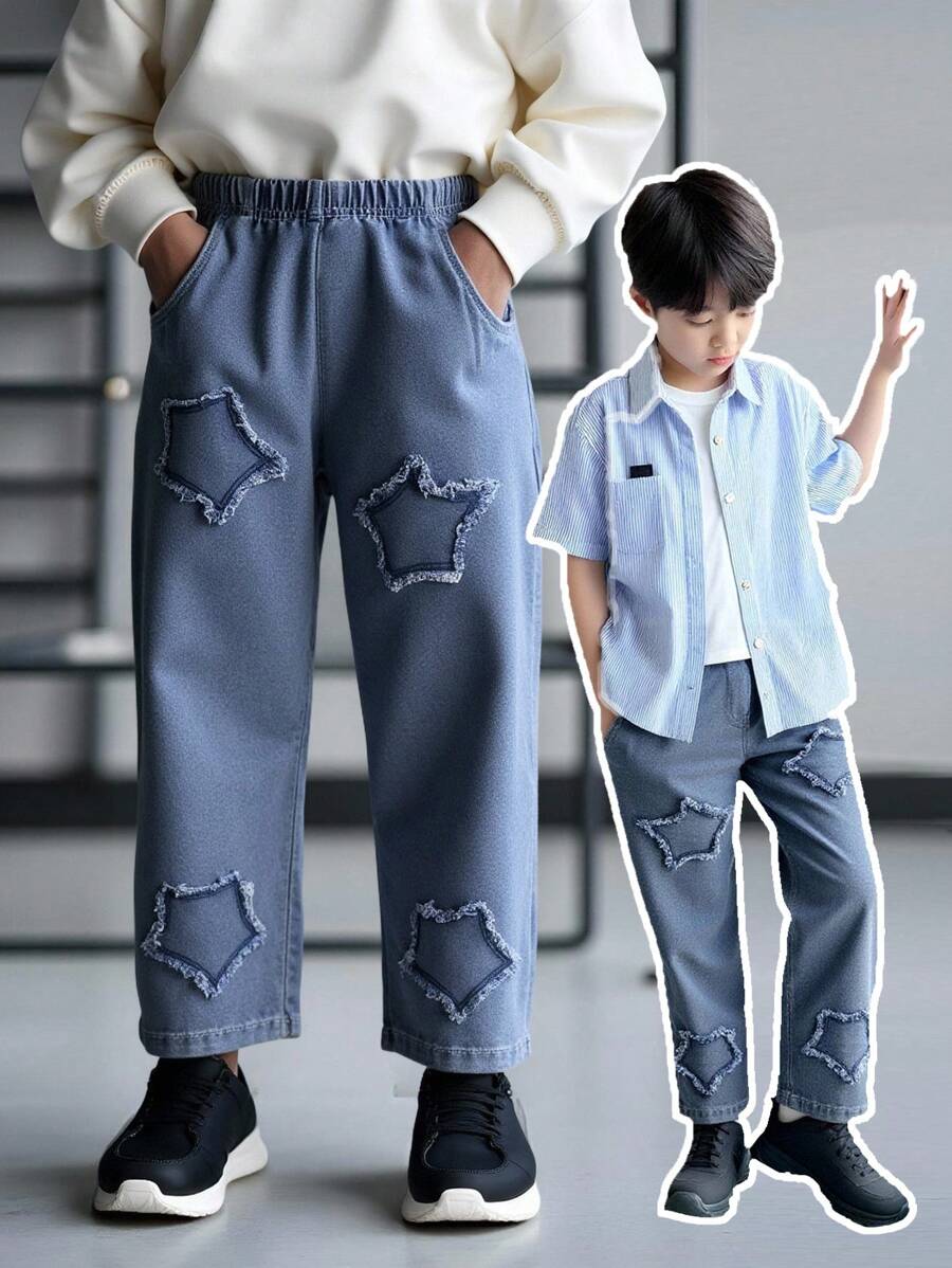 Young Boy Star Washed Denim Long Pants, Casual And Everyday Wear - Blue - View 1