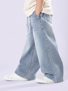 Quần jeans ống rộng SUMWON dành cho bé trai, dáng suông thoải mái, cạp cao, dây rút co giãn, thoải mái khi mặc hàng ngày, thời trang đường phố, mùa xuân thu, sành điệu cho kỳ nghỉ thu đông. - Rửa nhẹ - Xem 4