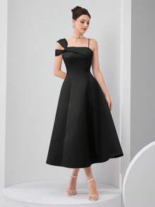 Modelyn Đầm xòe cổ lệch màu thanh lịch cho nữ - màu đen - Xem 2