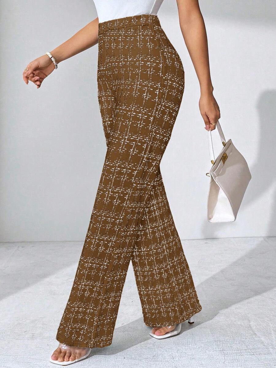 SHEIN Clasi 夏季优雅女士格纹印花弹力针织裤，适合各种场合，适合夏季度假、优雅旅行、日常通勤 - 棕色 - 查看 1