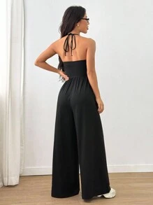 SHEIN Unity 女士休闲褶皱宽松直筒连体裤，适合春季、夏季及所有季节 - 黑色 - 查看 2