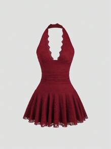 Sweetra 女士露背蕾丝拼接酒红色性感优雅连衣裙