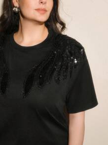 Anewsta Damen handgefertigtes besticktes Flügel Dekor lässiges einzigartiges schwarzes Kurzarm T-Shirt, Sommer, Damen Urlaubskleidung - Schwarz - Übersicht 3