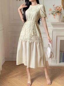 DAZY Vestido de mujer de longitud media con cuello redondo y parches de encaje elegante para el verano - Beis - Ver 4