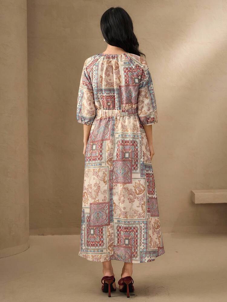 Women's Mid-Length Floral Print Round Neck Dress, Summer Maxi Dress Boho