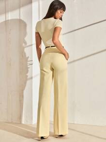 CLARA VERO Quần âu ống rộng thắt lưng họa tiết đường may màu vàng bơ thanh lịch dành cho nữ - Màu vàng - Xem 2