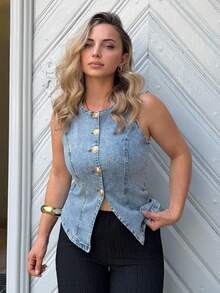 Jeta Ari 女士休闲水洗纽扣前无袖牛仔衬衫 - 中等水洗藍 - 查看 6