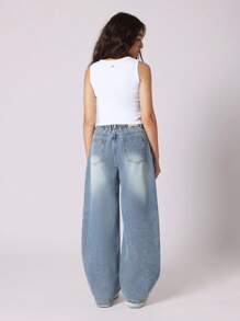 SUMWON 青少年女孩宽腿宽松牛仔裤 宽松筒形 Y2K 时尚秋冬超舒适宽松休闲街头服饰 - 藍色 - 查看 5