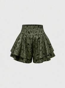 ROMWE Quần short hai lớp họa tiết cây và rắn Gothic phong cách nghỉ dưỡng dành cho nữ - màu xanh lá - Xem 1