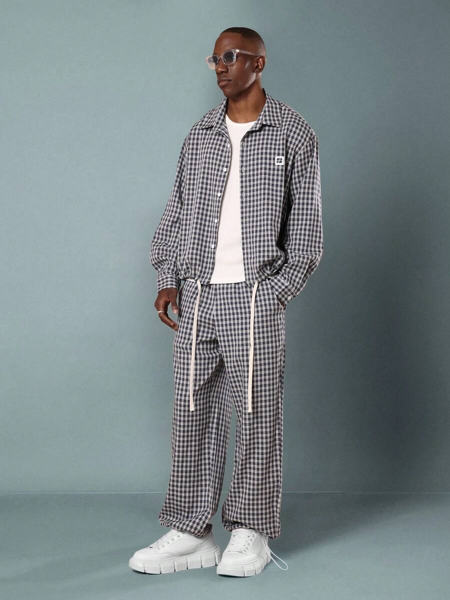 SUMWON Check Pattern Co-Ord Set Long Sleeve Button Down Shirt With Baggy Pull On Pants Casual Streetwear Fashion Fall Winter Spring Collection - Blue - View 1